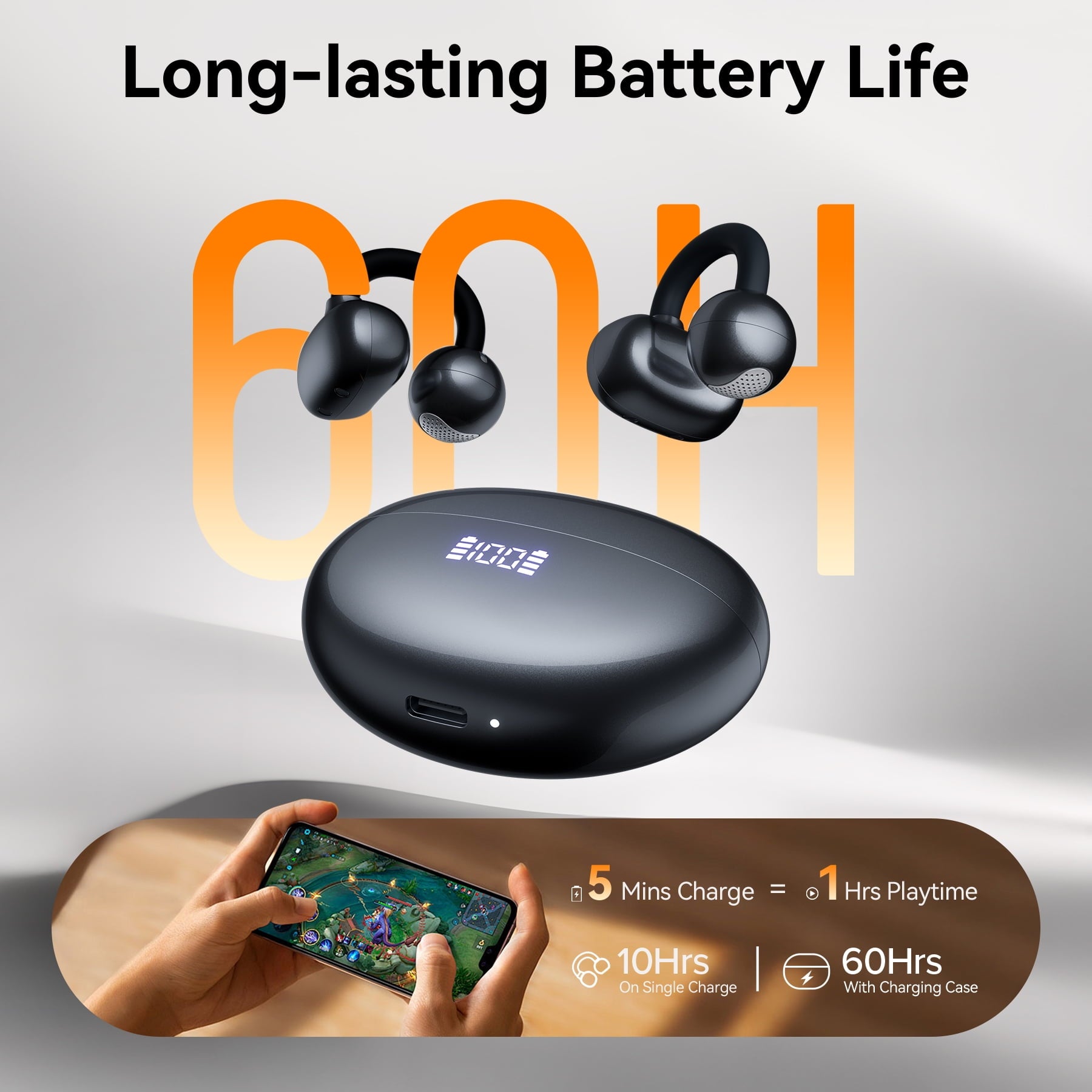 VEATOOL Clip On Earbuds,Bluetooth 5.4 Lightweight Comfort Bone Conduction Open Ear Headphones with LED Digital Display,Noise Cancelling Headphones, IPX7 Suitable for Small Ears and Eyeglass Wearers