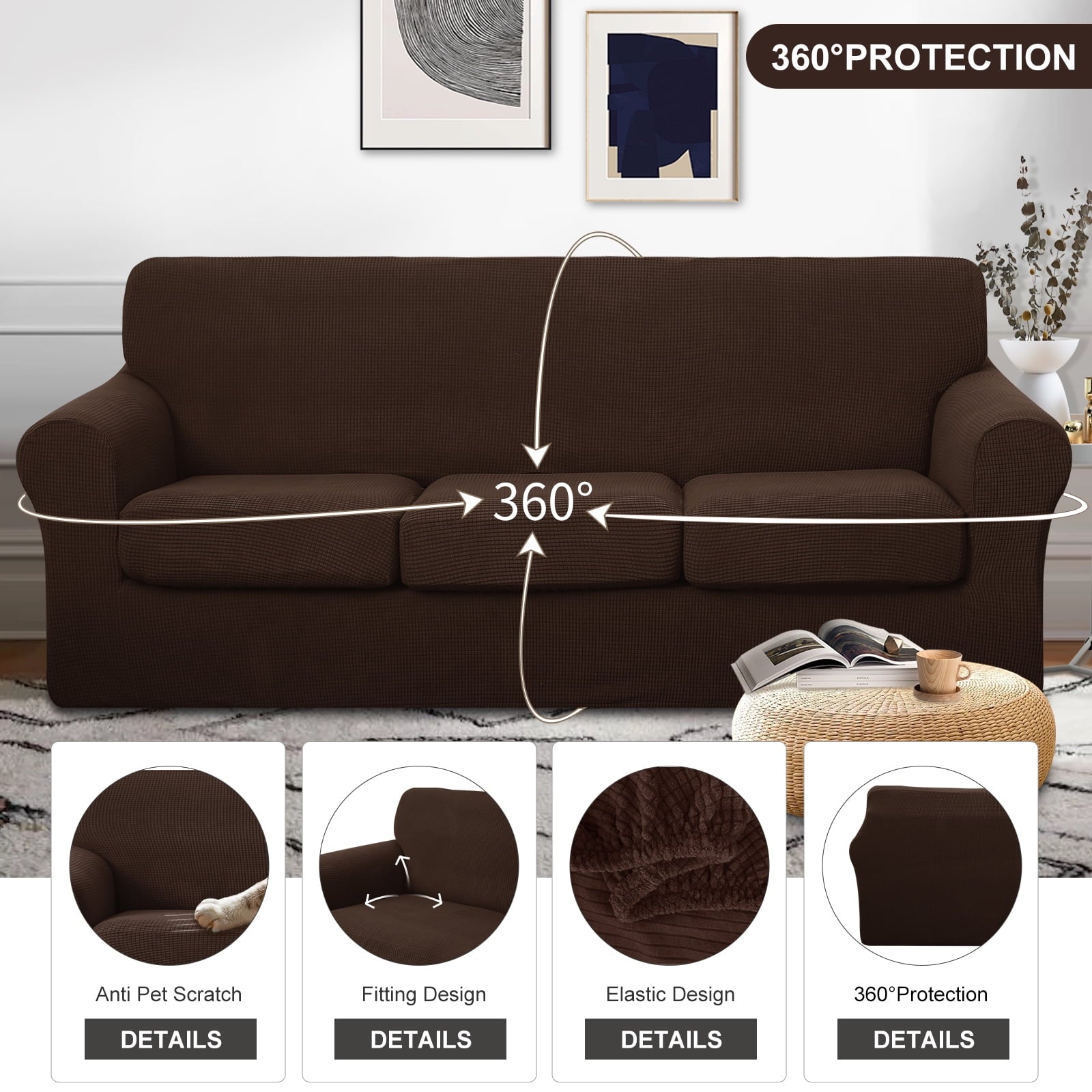 U-NICE HOME 4-Piece Stretch Sofa Cover for 3-Cushion Couch Pet-Friendly, Chocolate