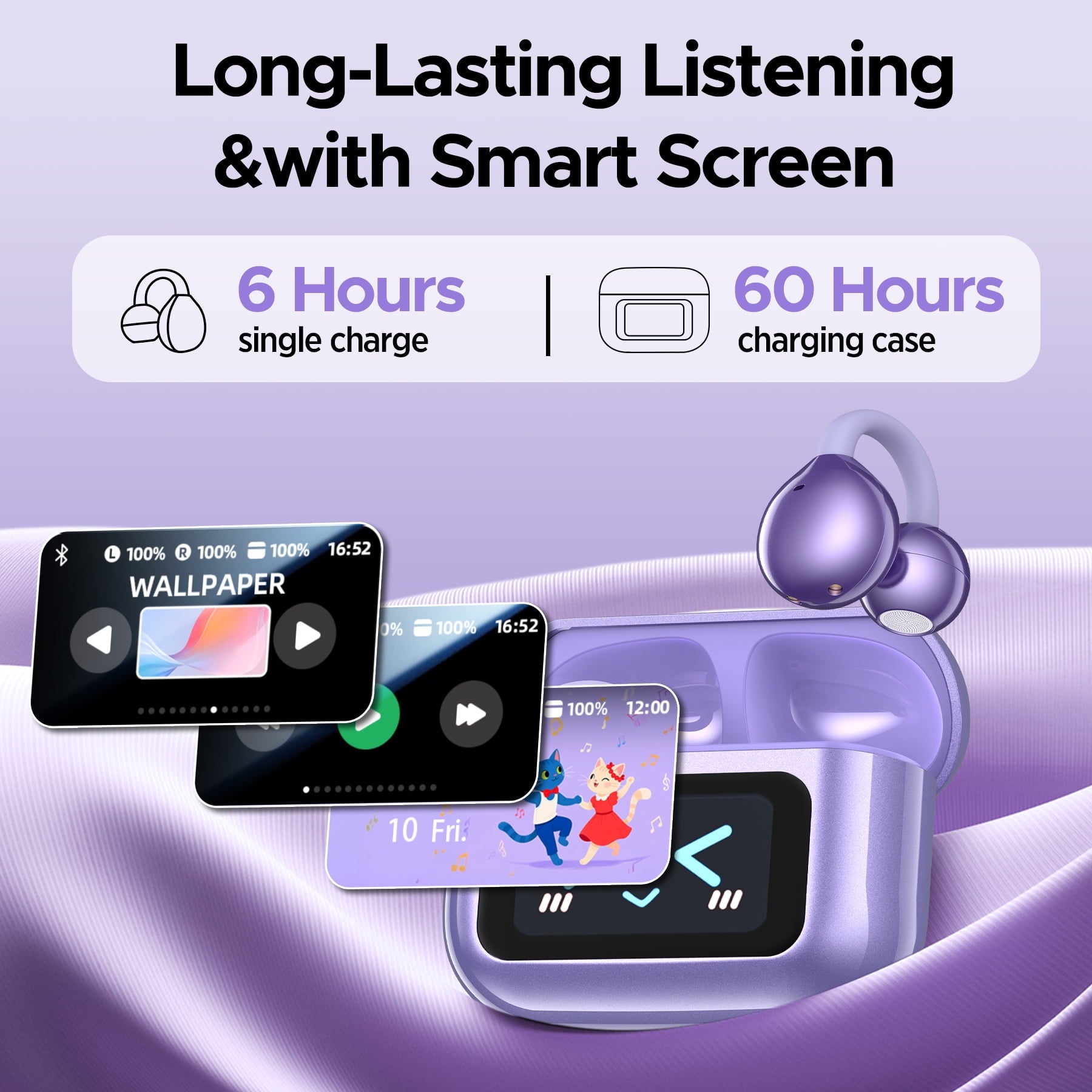 STA Open Ear Clip-On Earbuds, LCD Touch Screen,Bluetooth 5.4 Sports Earphones,ENC Call Noise Cancelling Earphones with Mic,Ear Clip Earbuds,Bass Boost,IPX7 Waterproof,60H Playtime,Lightweight