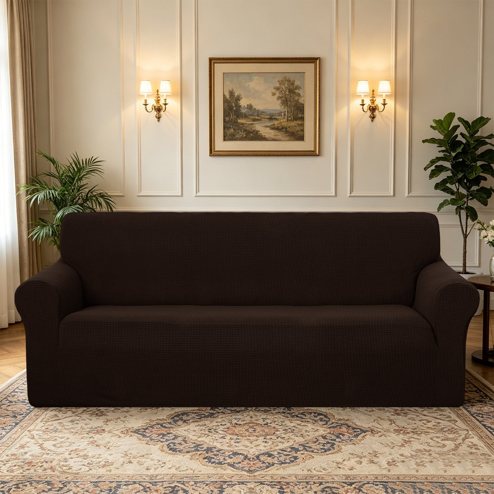 U-NICE HOME 1 Piece Stretch Sofa Cover Pet Friendly Washable Slipcover Furniture Protector for 3 Cushion Couch, Chocolate