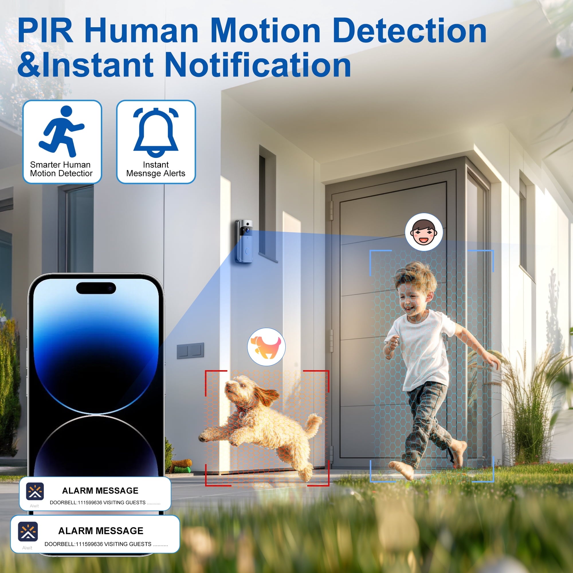 Doorbell Camera Wireless , 1080P Video Doorbell with Chime, Front Door Camera, 2-way Audio, Instant Alert,PIR Motion Detection,Night Vision,Battery-Powered Smart Doorbell
