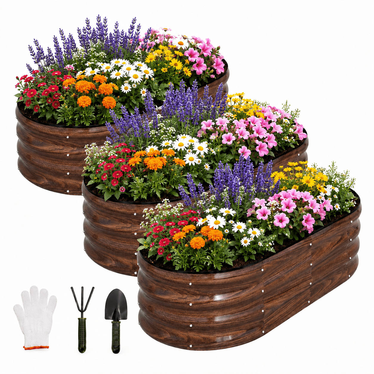 3 Pack 4x2x1 FT Raised Garden Bed Kit, Galvanized Metal Planter Box with Rubber Strip Edging for Vegetables,fruits,Brown