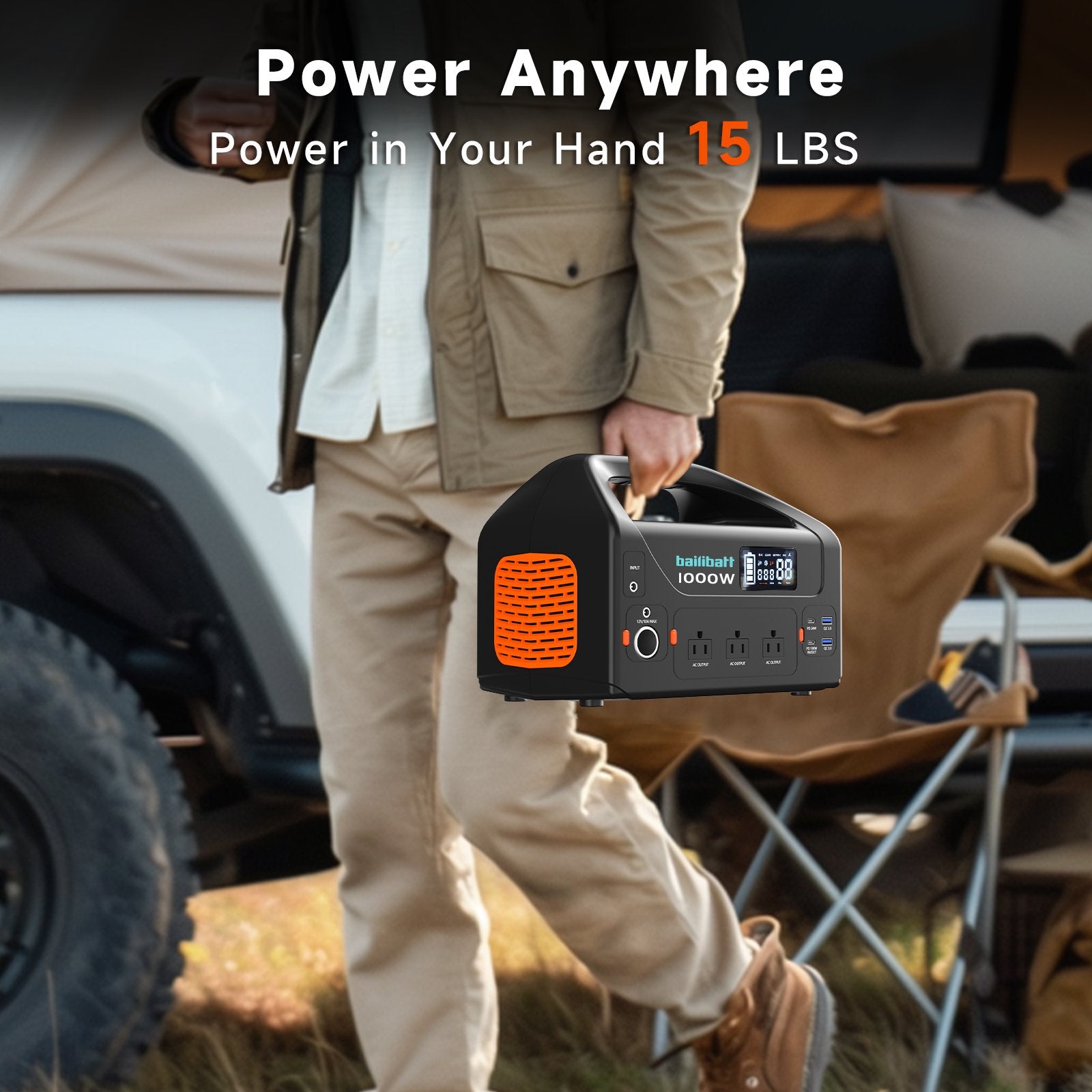 Bailibatt 808Wh Portable Power Station, 1000W Pure Sine Wave AC, PD 100W USB‑C, DC Car Port, Solar Charging for Camping and Home Backup