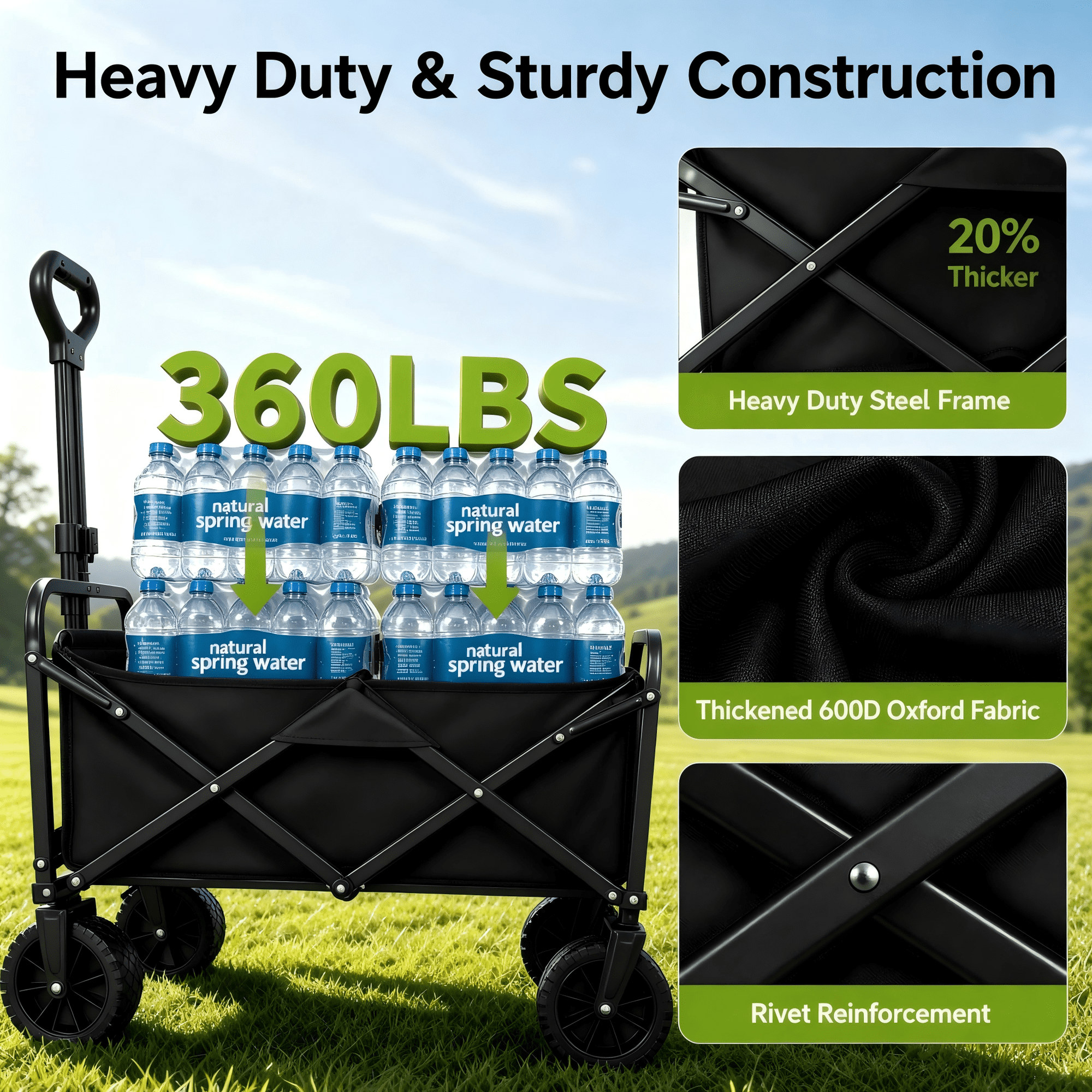 ANSFIL Collapsible Wagon with All-Terrain Wheels, Folding Utility Heavy Duty Wagons for Sports, Shopping, Camping, Grocery, Black