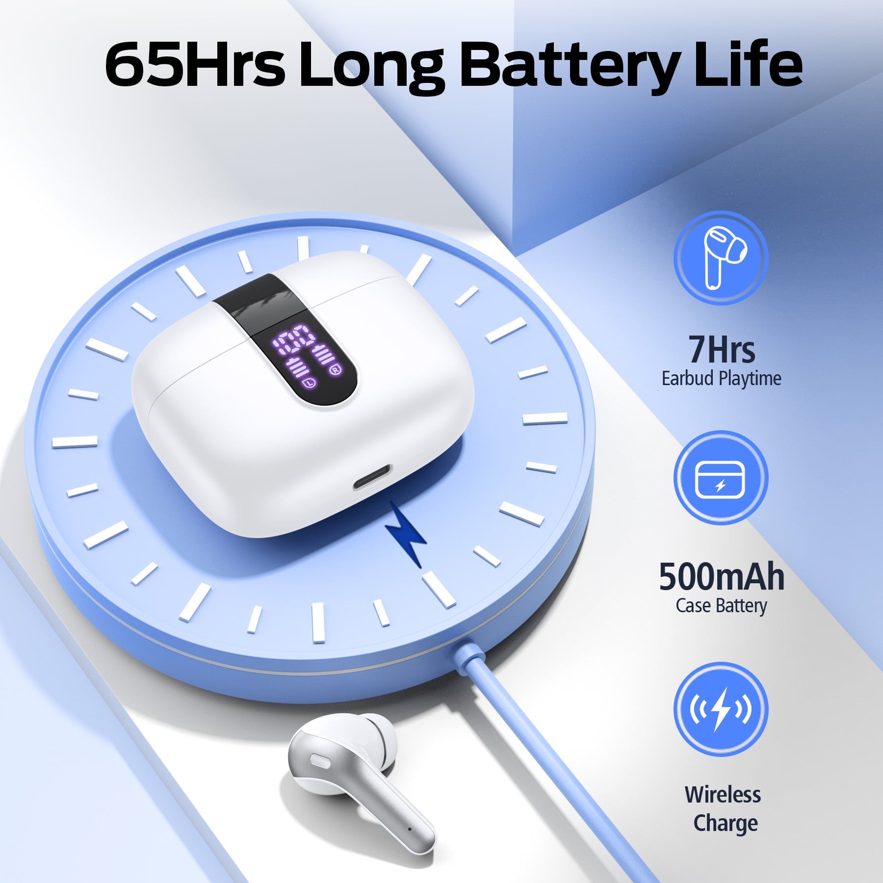 VEAT00L Bluetooth Headphone True Wireless Earbuds 65H Playback Power Display Earphones with Wireless Charging Case IPX7 Waterproof in-Ear Earbuds with Mic for TV Phone Computer Laptop Sports